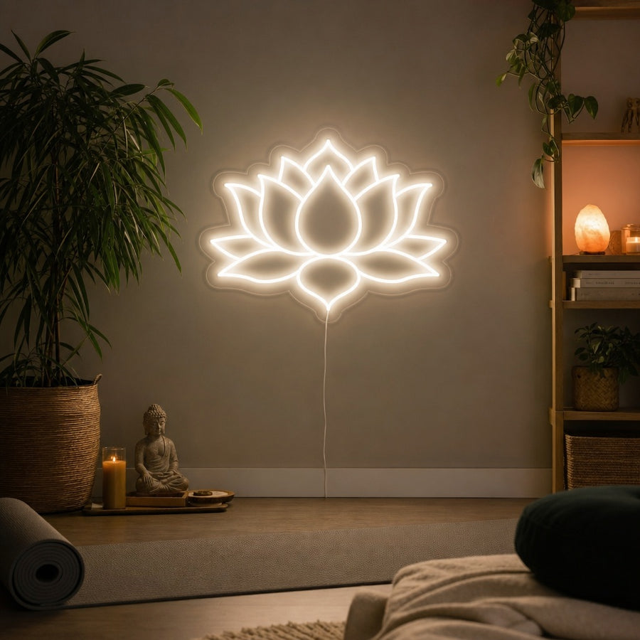 A stunning Lotus Flower Yoga neon sign glowing with a soft, warm light in a modern yoga studio. The sign is mounted on a textured wall, with yoga mats, blocks, and plants visible in the background, creating a serene and inviting atmosphere.