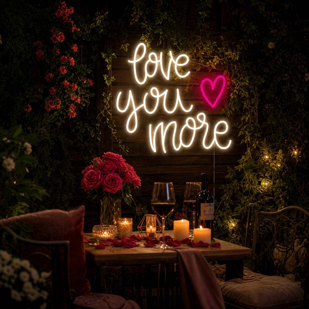 A cozy bedroom setting featuring the glowing 'Love You More Heart' neon sign on the wall above a decorated dresser.