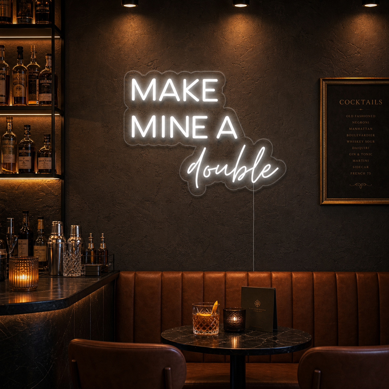A candid, realistic photograph capturing the 'Make Mine a Double' neon sign glowing brightly on a textured wooden wall above a cozy home bar setting, with dimly lit glasses and bottles below.