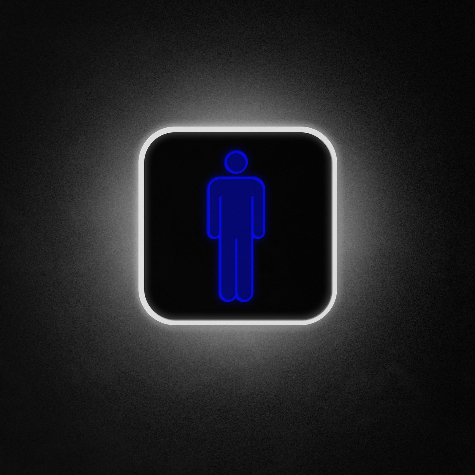 Design graphic of a glowing blue stick figure man against a textured background, intended for a men's bathroom sign.