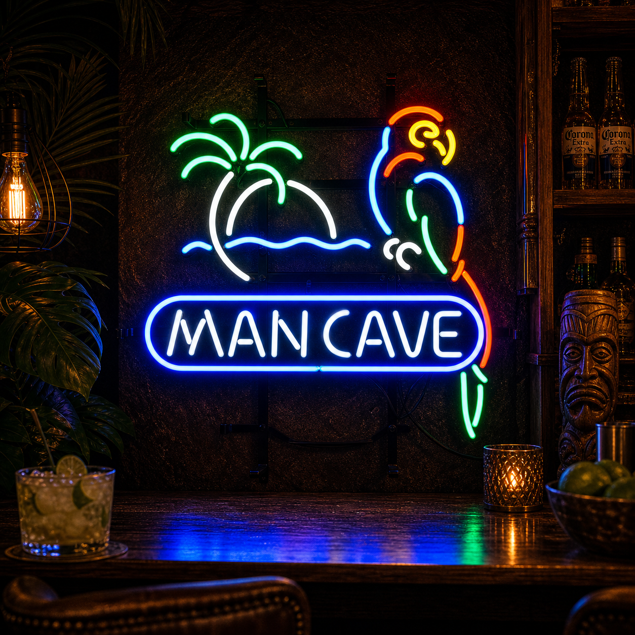 A colorful 'Man Cave Parrot' neon sign illuminated on a dark brick wall, showing the detailed glass tubing and the text 'MAN CAVE'.
