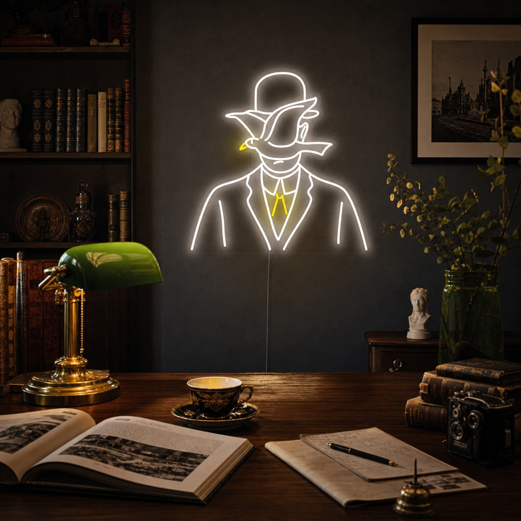 A lifestyle shot showing the Rene Magritte 'Man in A Bowler Hat' neon sign glowing on a textured office wall.