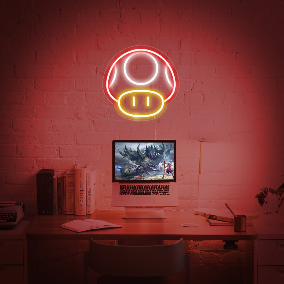 A detailed product view of the unlit Retro Game Mushroom Neon Sign showing the white tubing outline, red mushroom cap, white spots, and clear acrylic mounting board.