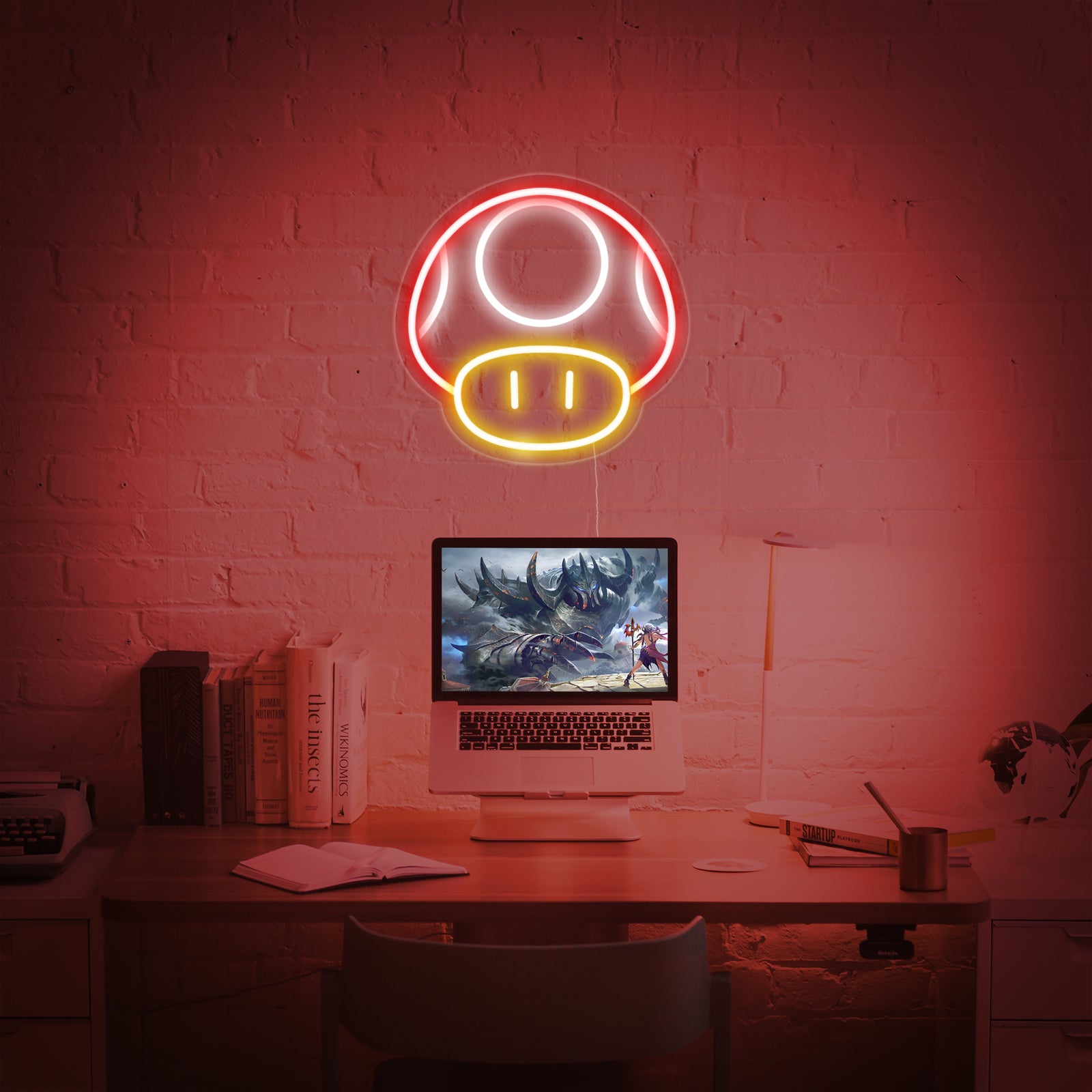 A detailed product view of the unlit Retro Game Mushroom Neon Sign showing the white tubing outline, red mushroom cap, white spots, and clear acrylic mounting board.