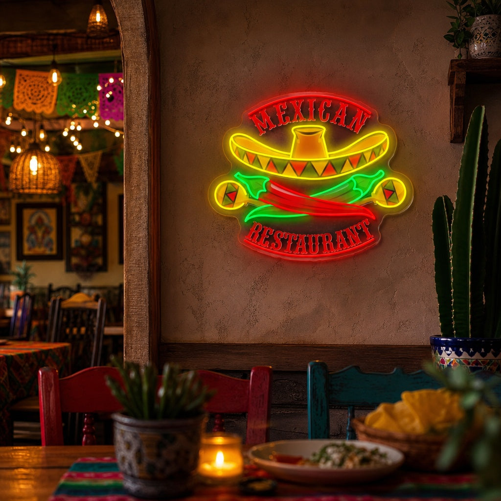 A fabricated neon sign featuring a sombrero, maracas, and chili pepper design mounted on a wall above a wooden table.