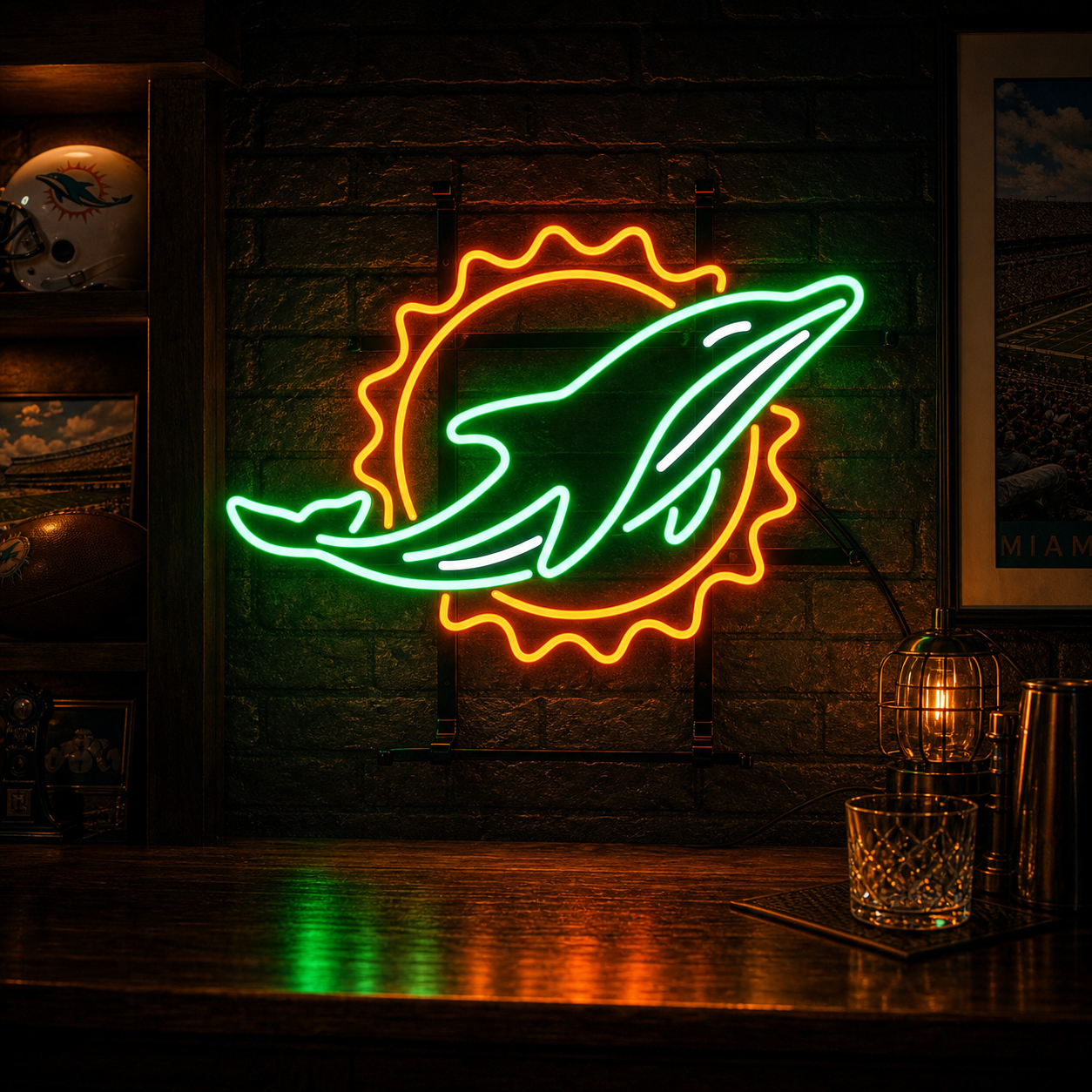 Miami Dolphins logo neon sign in aqua orange and white