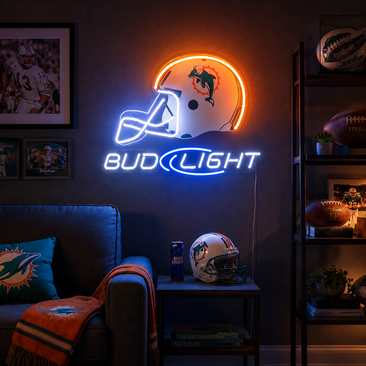 Miami Dolphins and Bud Light neon sign for a home bar