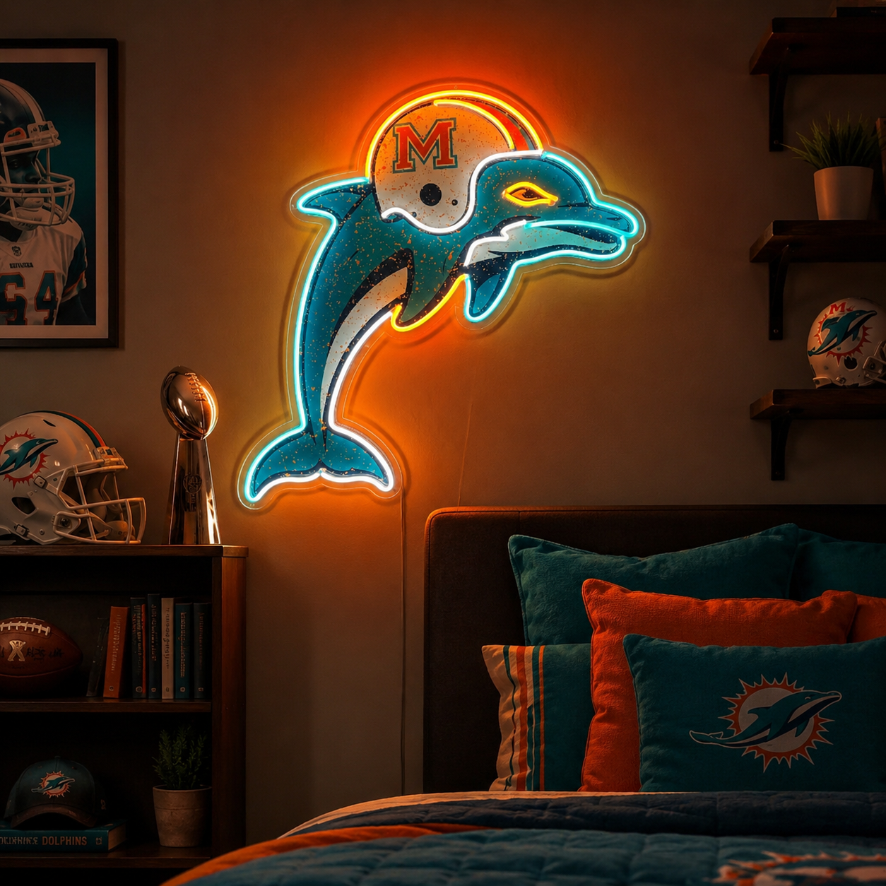 Miami Dolphins throwback logo neon sign for a retro fan room