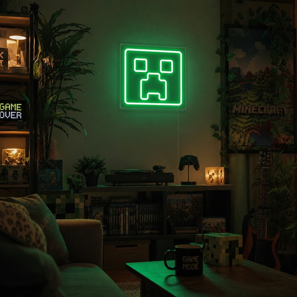 Mcraft logo neon sign glowing with pixelated design on a textured wall