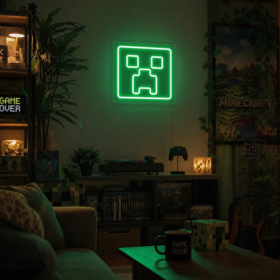 Mcraft logo neon sign glowing with pixelated design on a textured wall