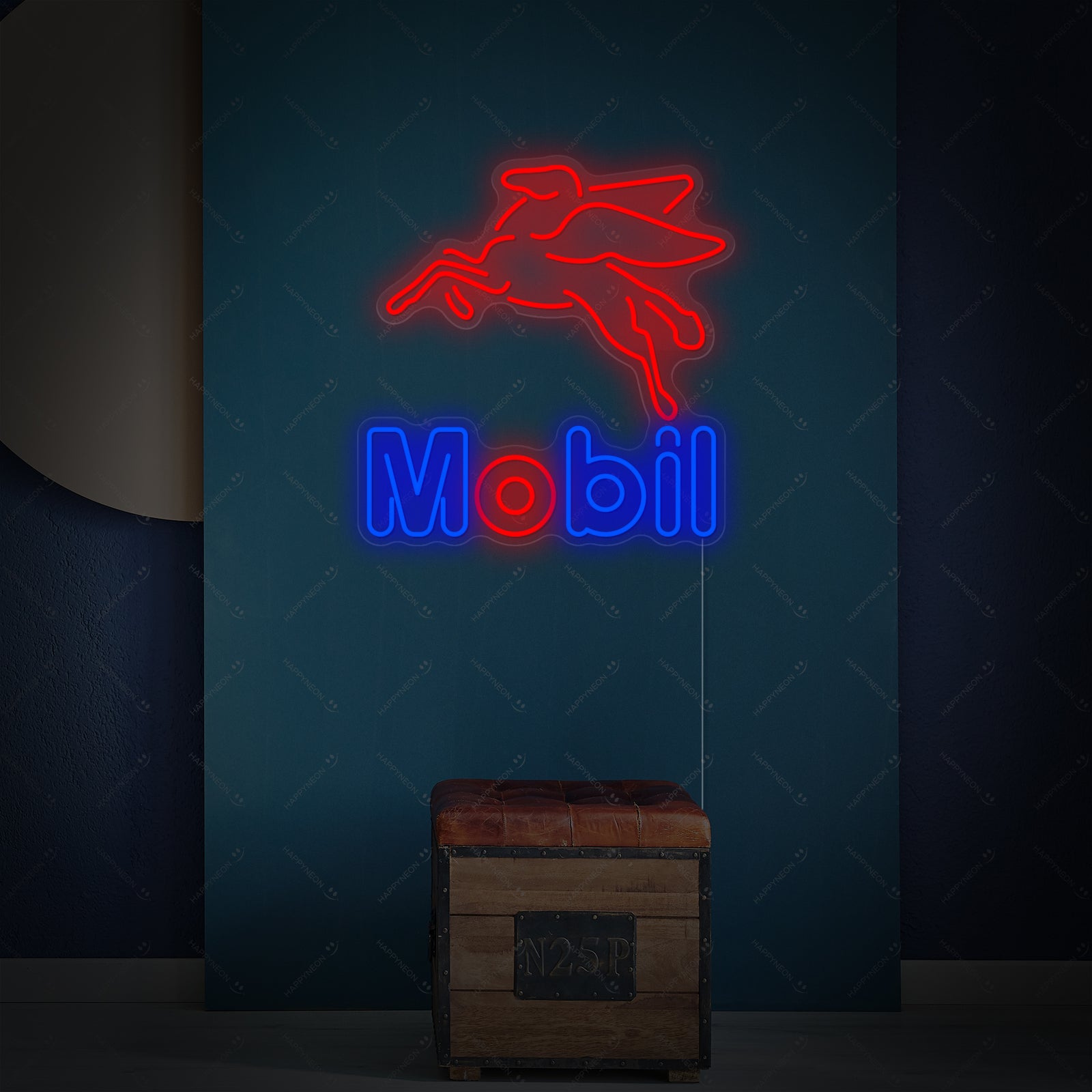 A glowing Mobil Oil Gas neon sign featuring the iconic Pegasus on a clear acrylic backing.
