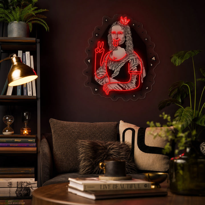 A stylized representation of the Mona Lisa on a textured wall, glowing as a 'Mona Art' UV Print LED Neon Sign.