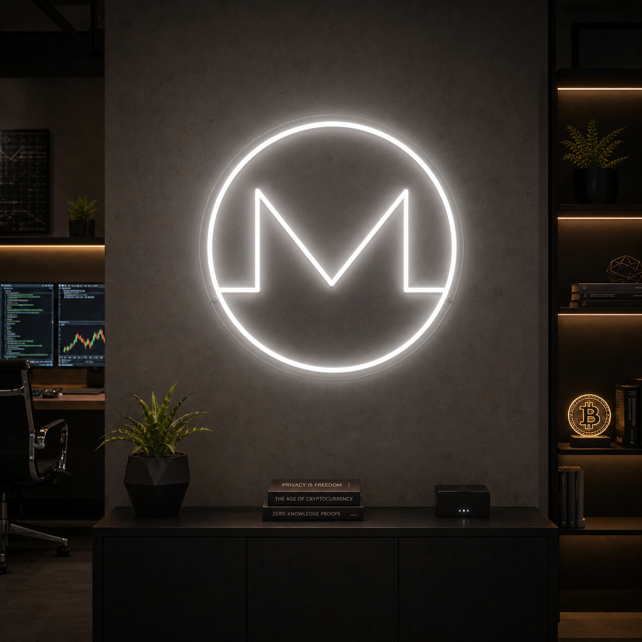 Luminous orange Monero XMR crypto neon sign with a glowing orange and white 'M' symbol and 'MONERO' text glowing on a modern home office wall with a blurred plant and bookshelf in the background.
