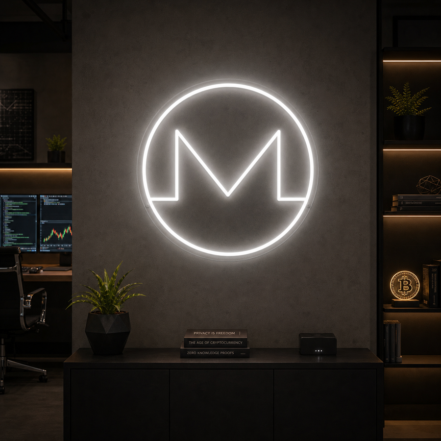 Luminous orange Monero XMR crypto neon sign with a glowing orange and white 'M' symbol and 'MONERO' text glowing on a modern home office wall with a blurred plant and bookshelf in the background.
