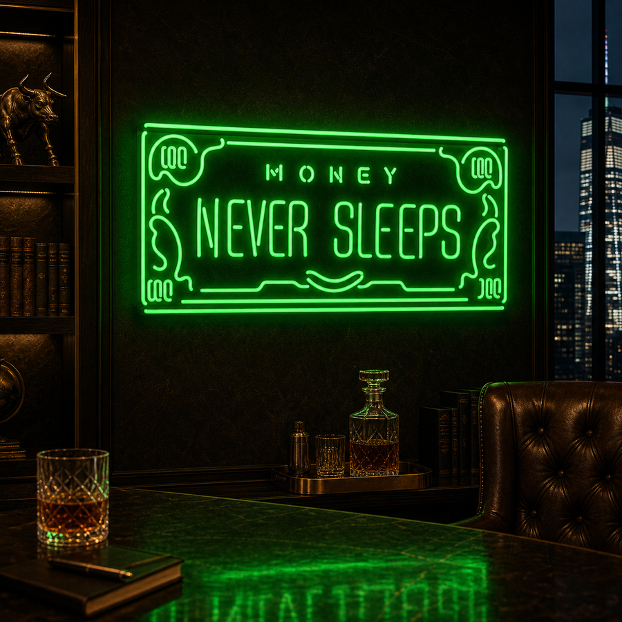 A vibrant neon wall sign glowing with the motivational quote 'Money Never Sleeps' in stylized cursive and block letters against a slightly industrial background.