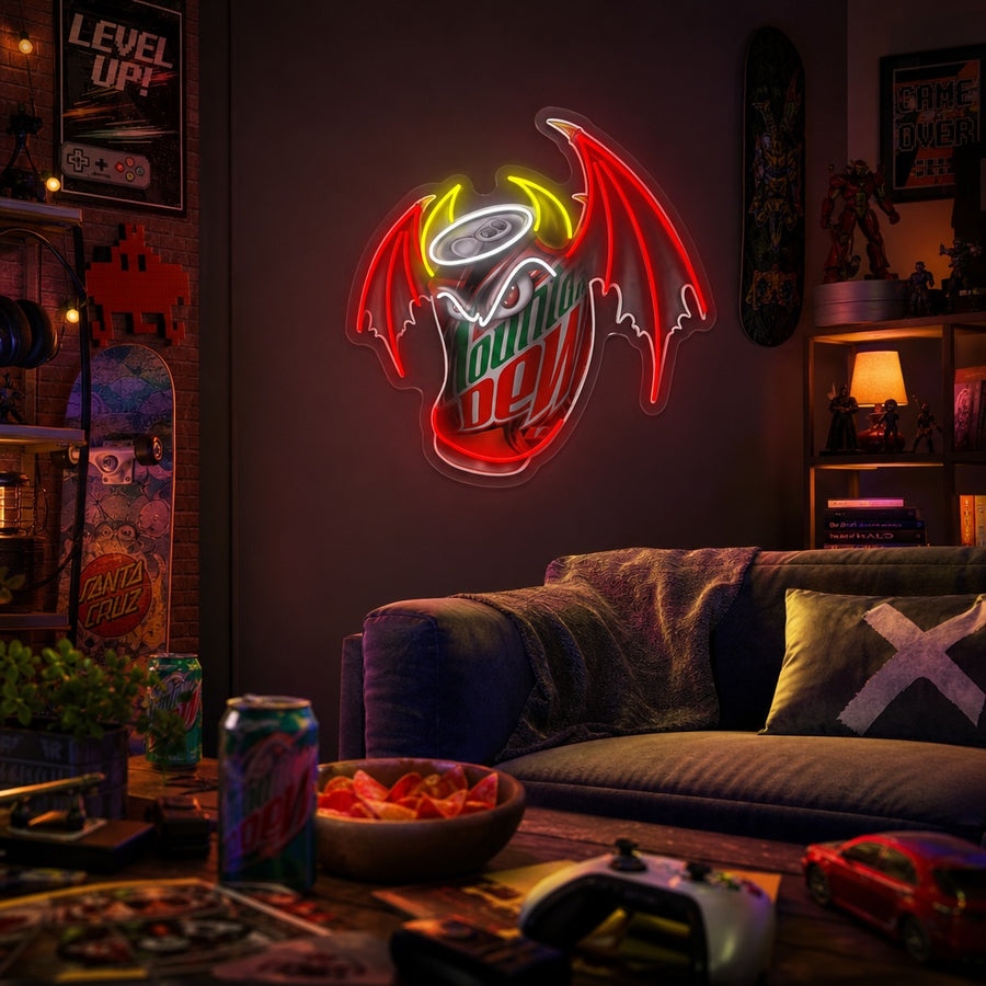 A vibrant 'Mountain Dew Wings' neon sign featuring a Mountain Dew can graphic with stylized wings, mounted on a dark textured wall above a chair.