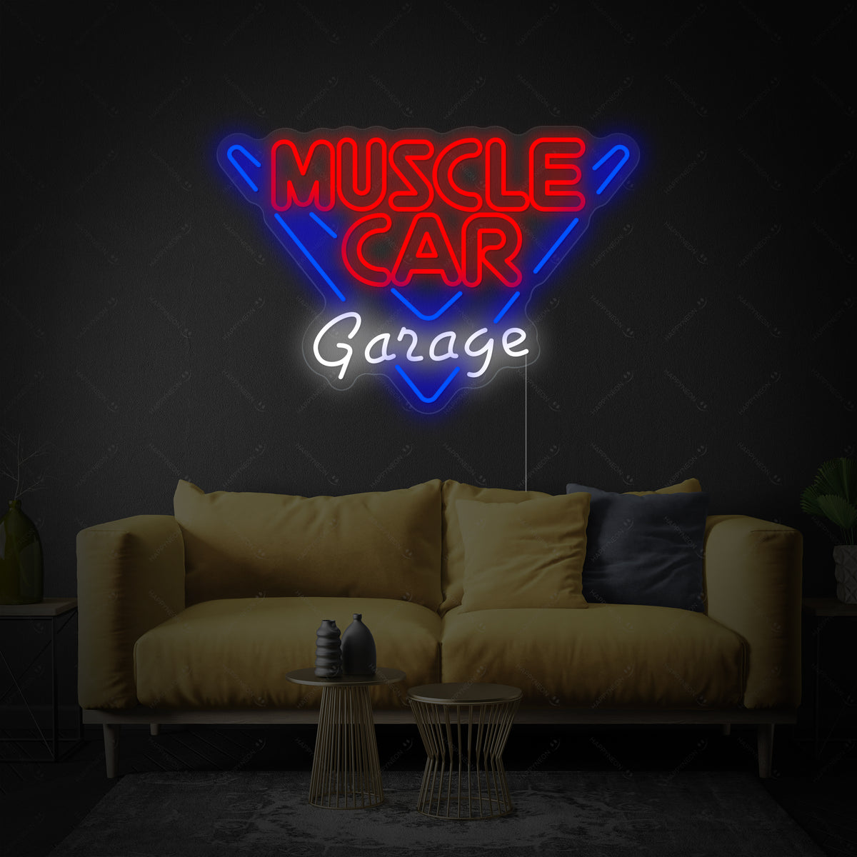 Detailed shot of the 'Muscle Car Garage' neon sign showing the lit tubing against a clear backing, emphasizing the quality craftsmanship.