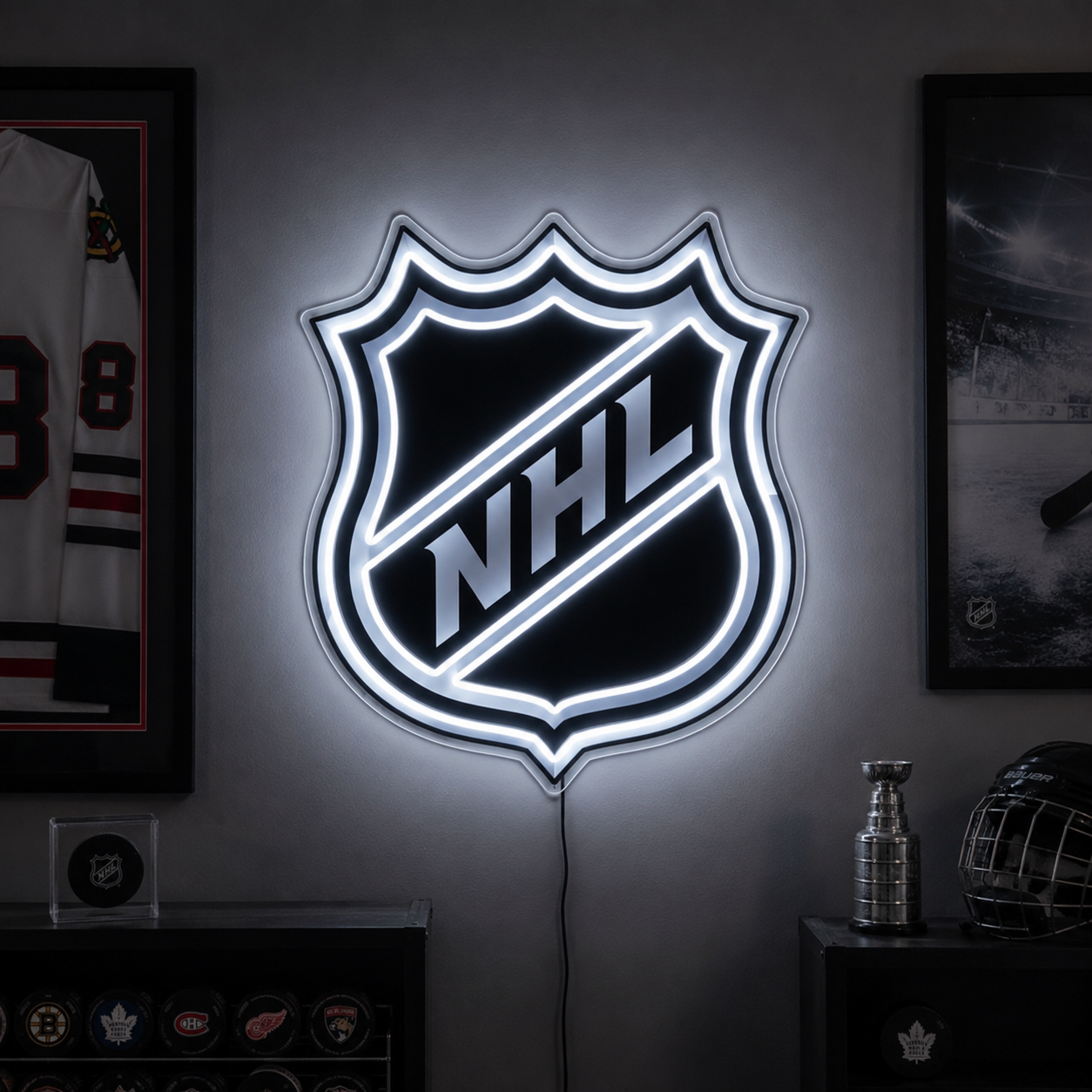 NHL shield logo neon sign for a Toronto hockey fan cave