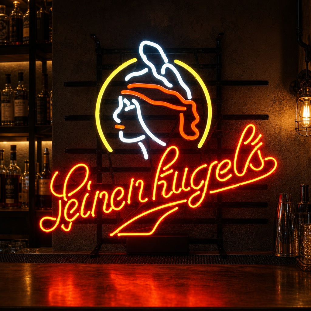 Handcrafted glass Leinenkugels Beer neon sign glowing on a rustic wooden background.