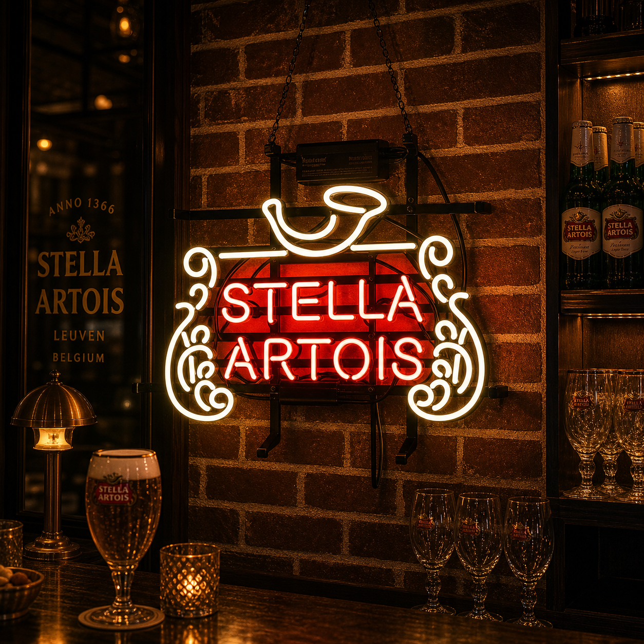 A real-product photo of an illuminated New Stella Artois Belgian Lager neon sign with glass tubes, wiring, and power box visible against a wall, glowing brightly in red and white colors.