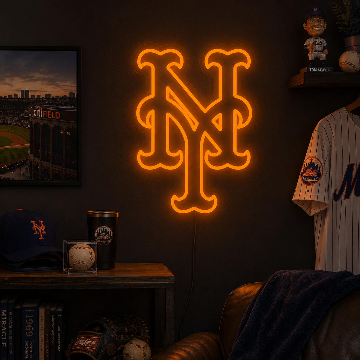 New York Mets NY logo neon sign in orange and blue