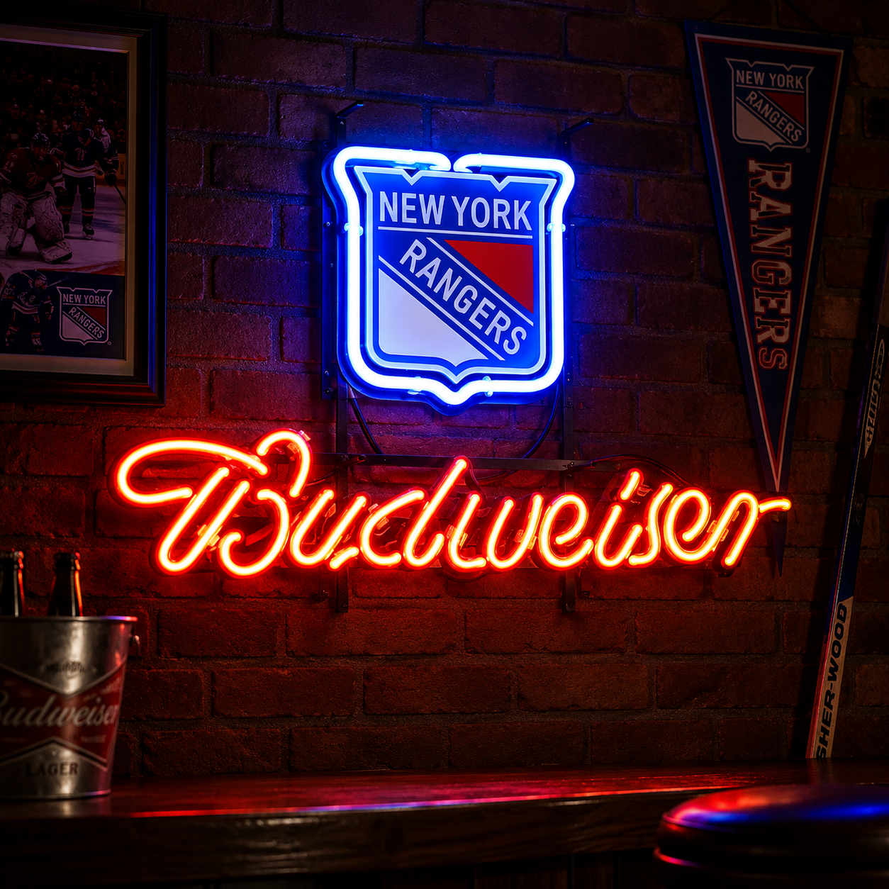 New York Rangers Budweiser neon sign for a home bar