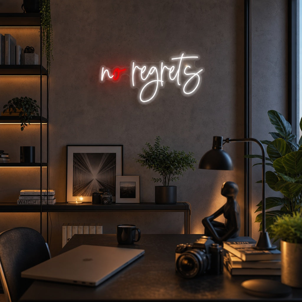 The 'No Regrets' neon sign glowing on a wall, enhancing the atmosphere in a modern living room setting.