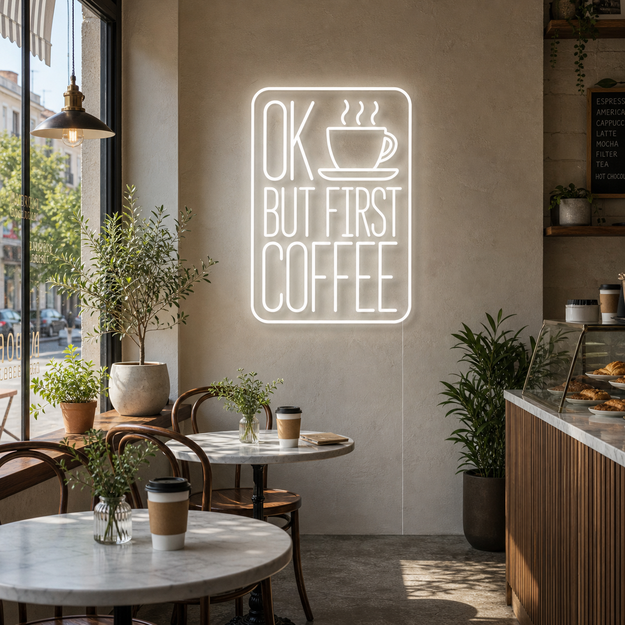 A vibrant 'OK BUT FIRST COFFEE' neon wall sign adds character to a modern kitchen setup.