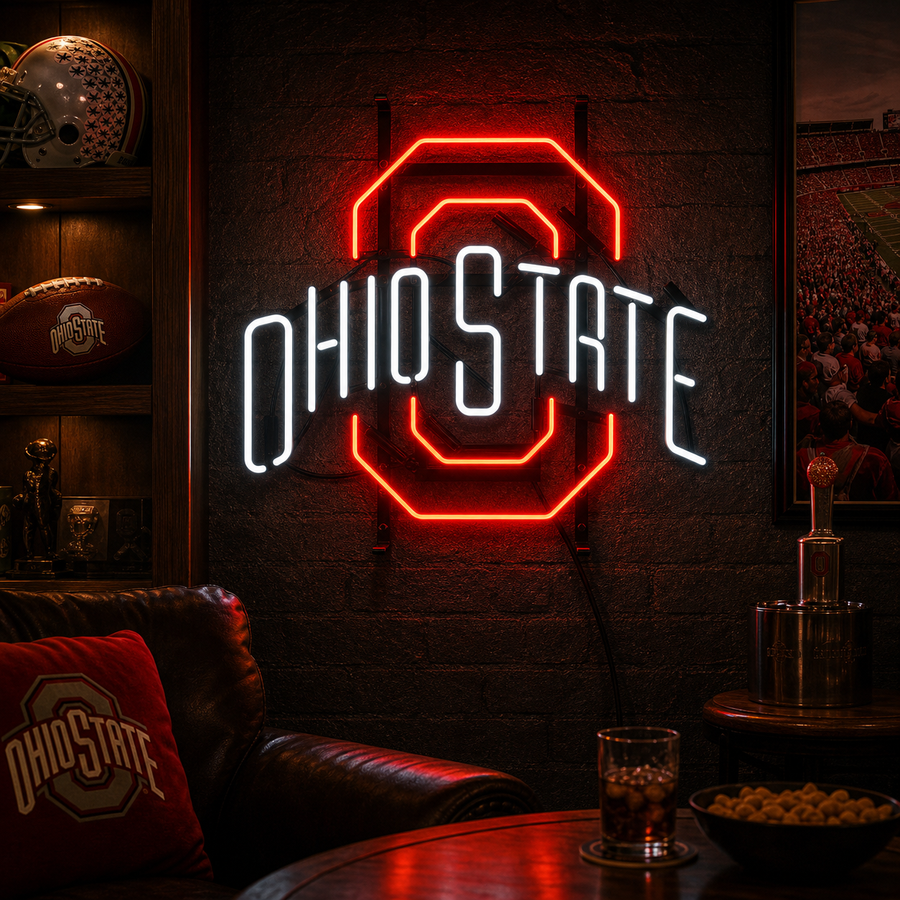Vibrant red glowing Ohio State neon sign displaying the official university logo and 'Ohio State' text against a dark brick wall background.