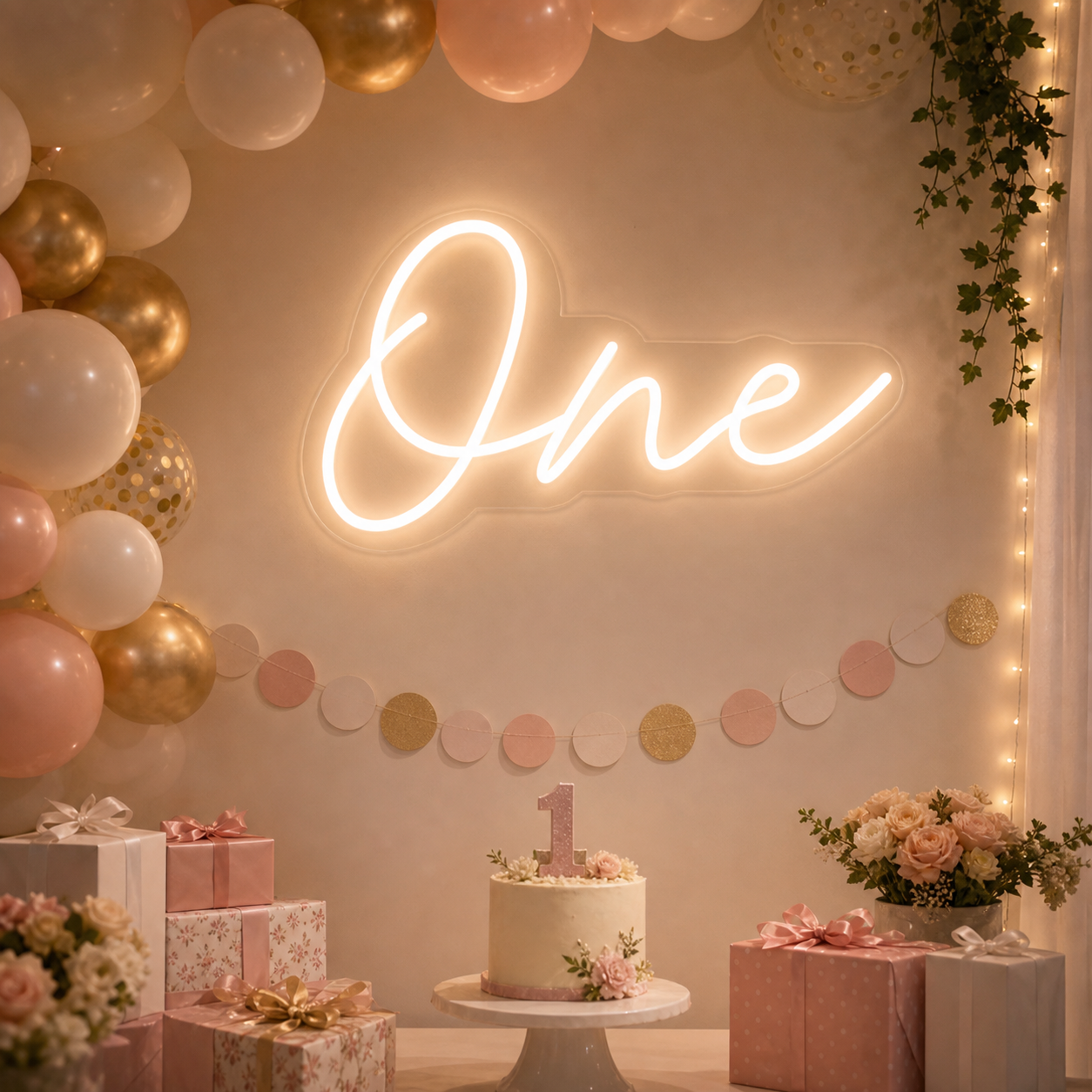 "One First Birthday Decor" neon sign displaying the word "One" in a glowing warm light, mounted on a clear backboard in front of a blue, gold, and white balloon garland backdrop for a party.