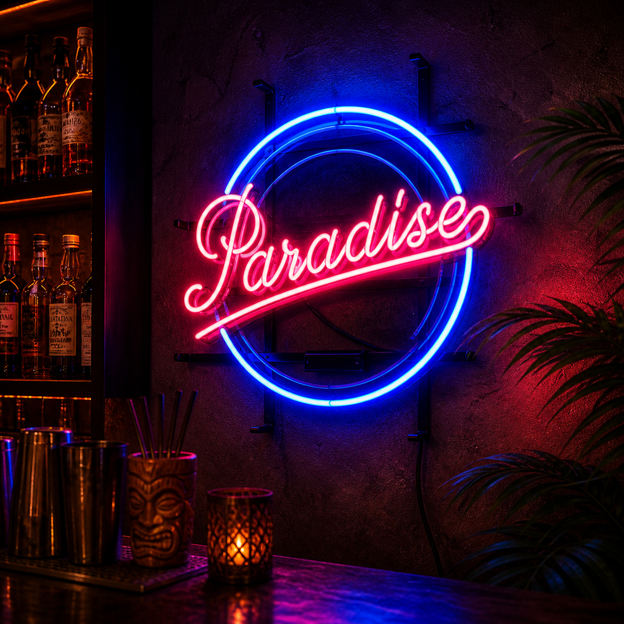 Paradise Bar Vintage Bar Neon Sign glowing in red and white with palm tree detail on a brick wall