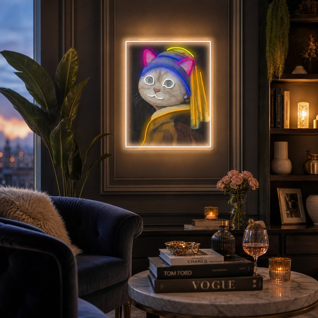 Close-up of the 'Pearl Earring Cat Lady' UV print and neon sign, showing the detailed artwork of the cat wearing a turban and pearl earring illuminated by glowing neon tubing.