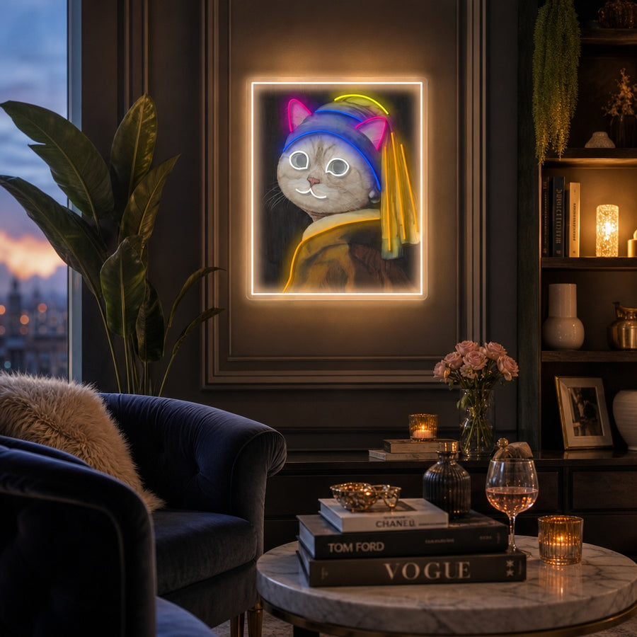 Close-up of the 'Pearl Earring Cat Lady' UV print and neon sign, showing the detailed artwork of the cat wearing a turban and pearl earring illuminated by glowing neon tubing.