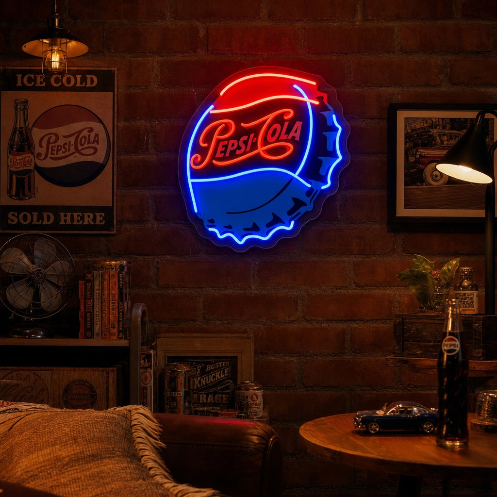 A vibrant 'Pep Cola Bottle Caps' UV print neon sign with 'PEPSI-COLA' text and classic red and blue bottle cap design glowing on a exposed brick wall in a cozy room setting.