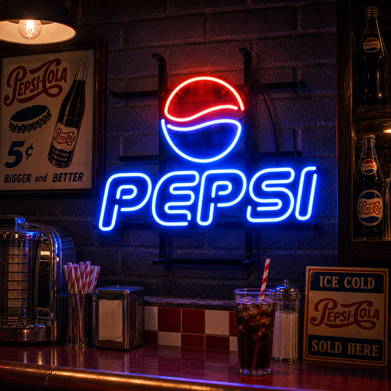 Red and white Coca-Cola script logo neon sign glowing brightly in a dimly lit setting