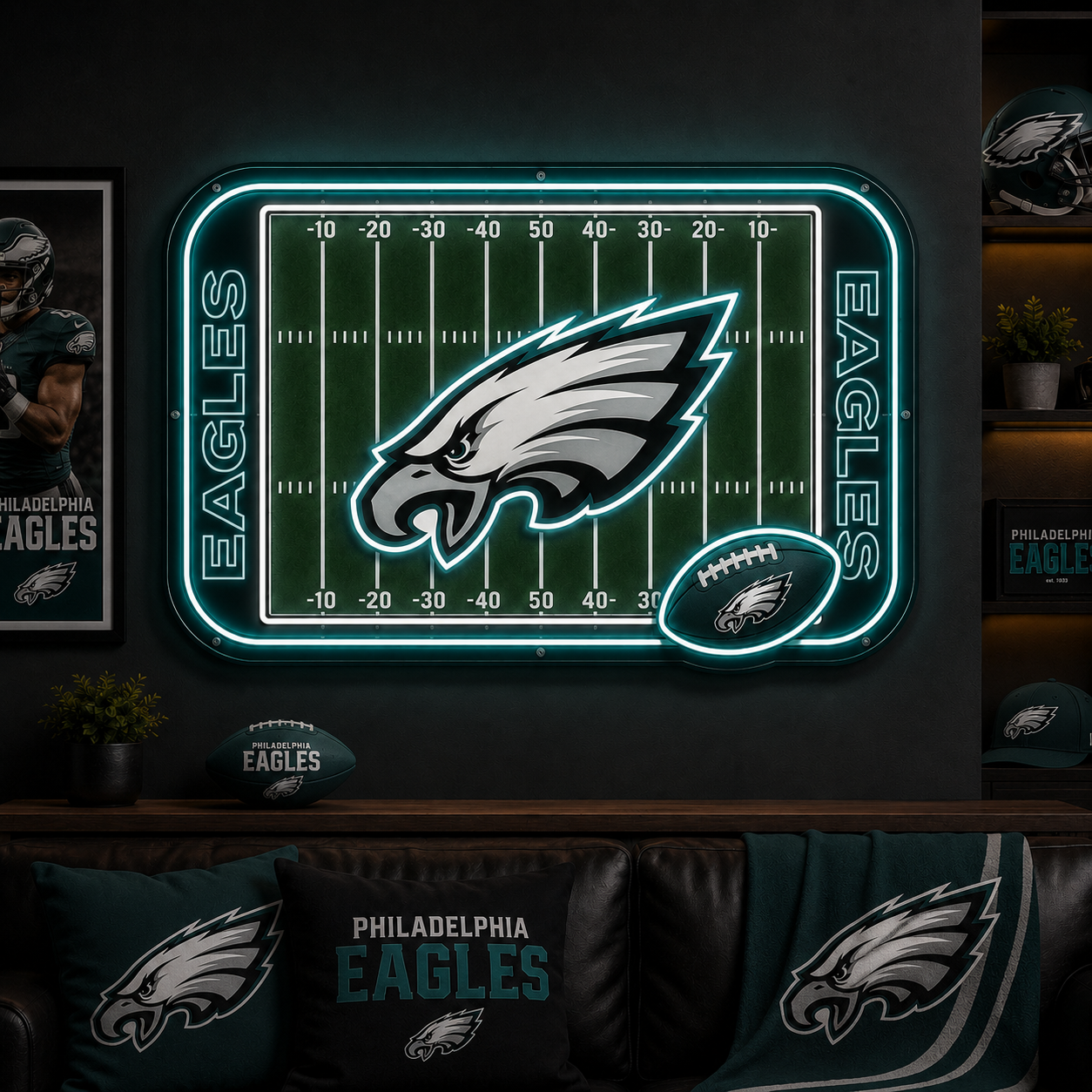 Philadelphia Eagles football field neon sign for a sports room