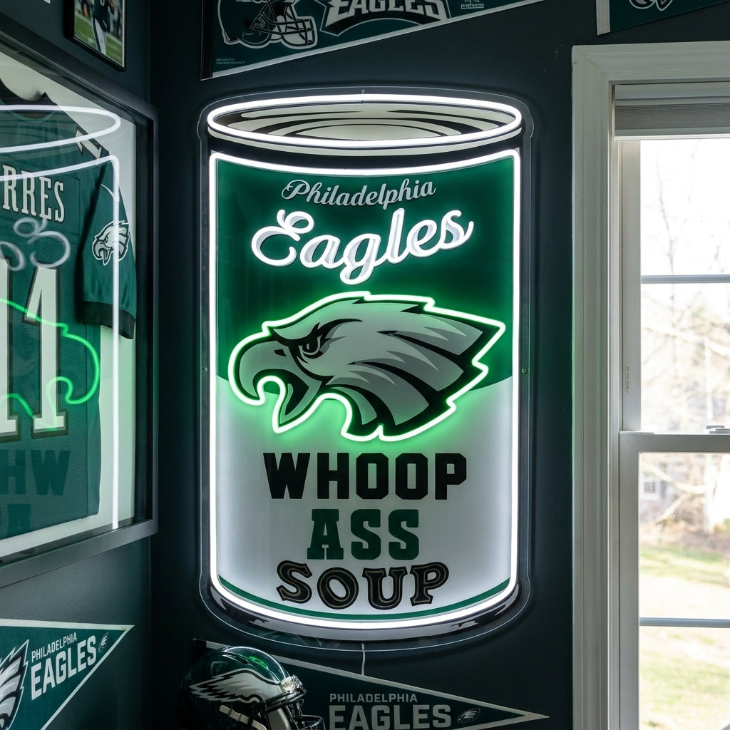 Philadelphia Eagles can of whoop ass soup neon sign for a bold man cave