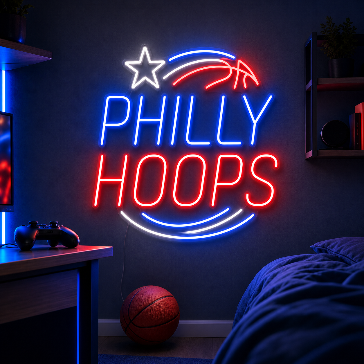 Philly Hoops basketball neon sign for a fan cave