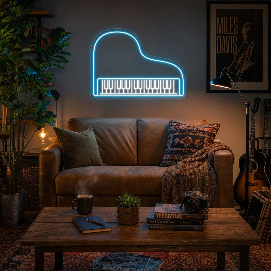A vibrant 'Piano' neon sign glows with warm light in a relaxed lifestyle setting