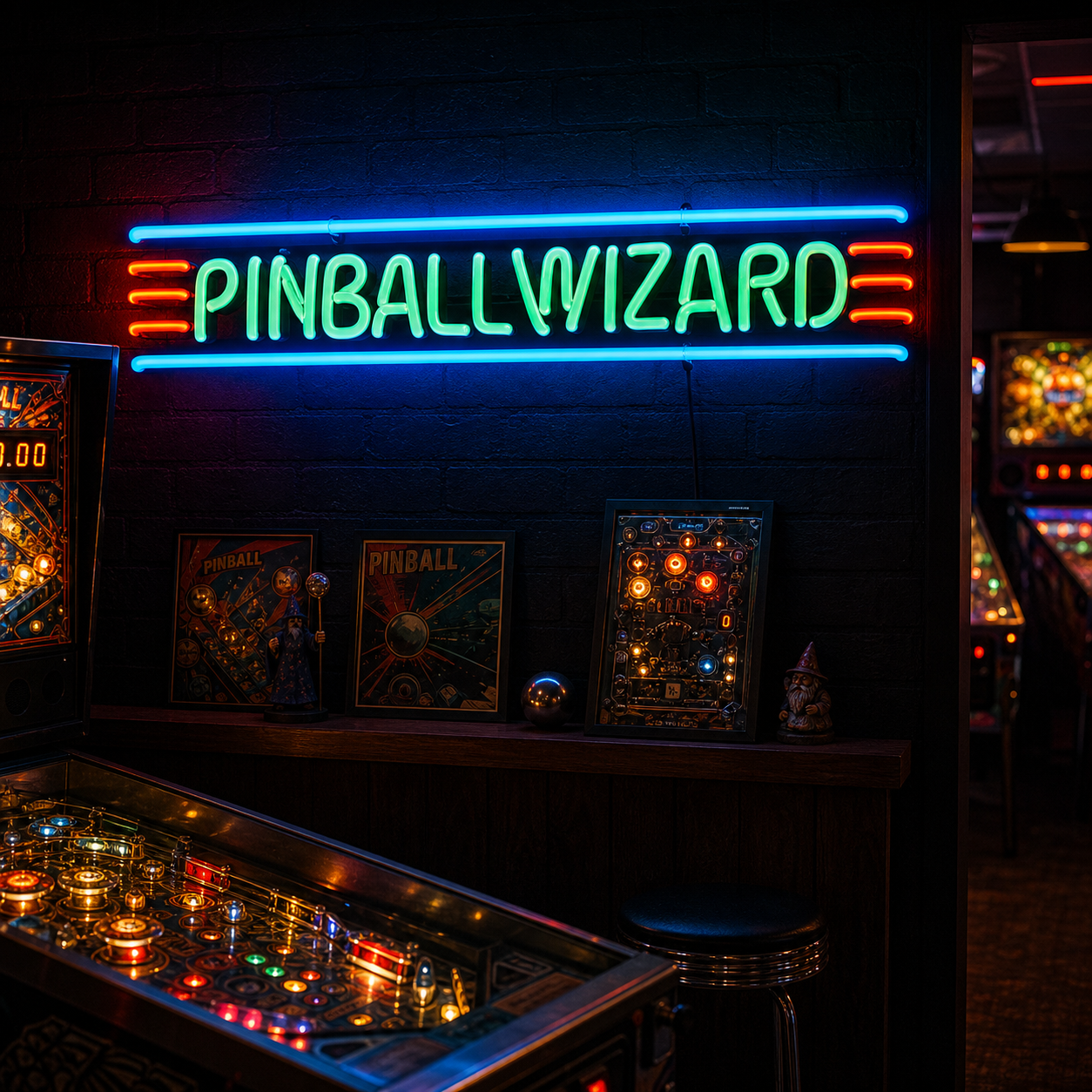 Real neon sign reading 'Pinball Wizard' in stylized, glowing orange and yellow text, hanging against a dark wall with its power cord visible.