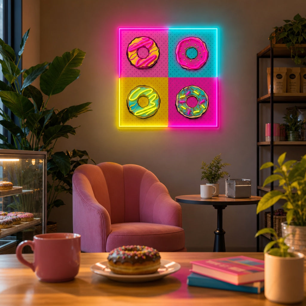 UV print neon sign depicting four colorful pop art donuts with glowing pink outlines, mounted on a brick wall.