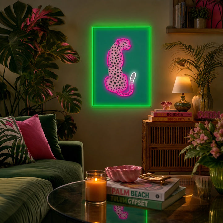 A clean graphic representation of the Pink Leopard African Cheetah Tropical Pop Art neon sign design, featuring a detailed leopard pattern within a decorative border and a neon glow effect against a dark, stylized interior background.