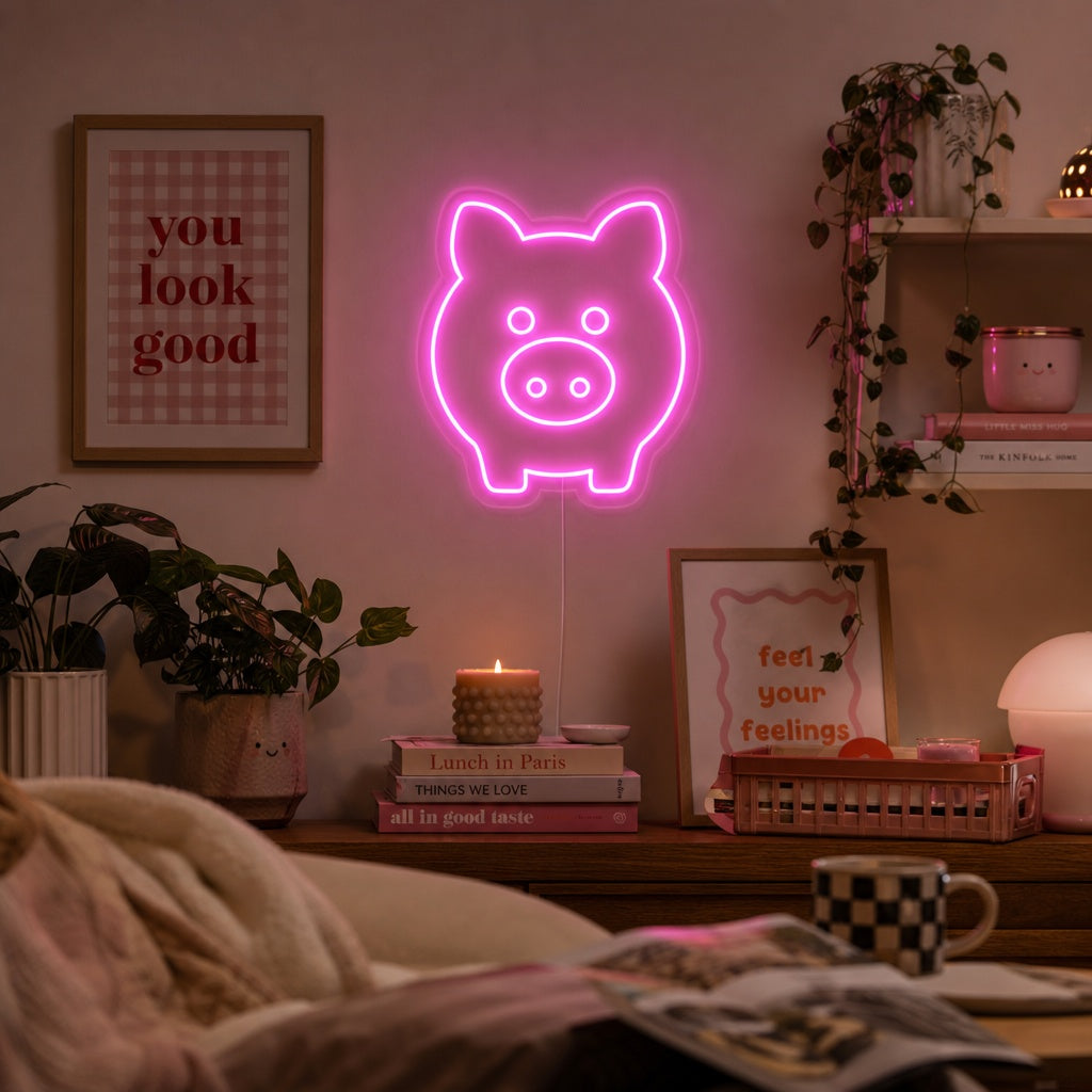 A lifestyle shot of the Pink Pig neon sign glowing on a textured brick wall above a cozy seating area in a rustic cafe.