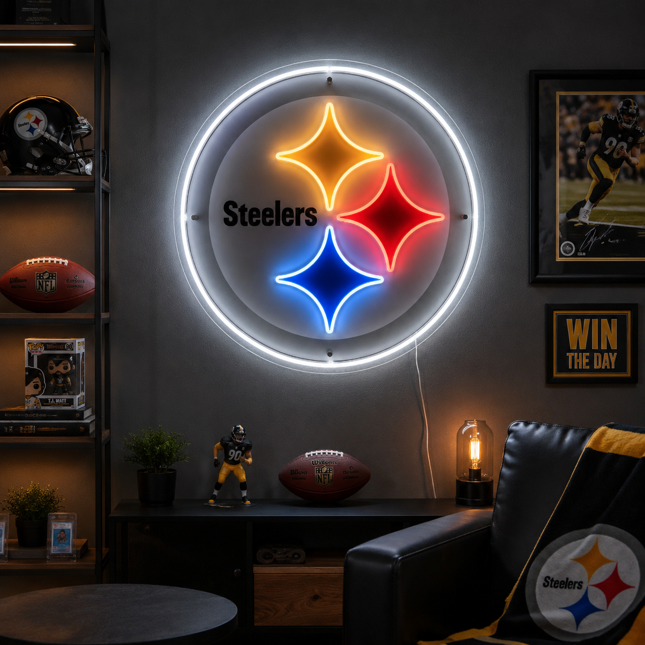 Pittsburgh Steelers logo neon sign for a black and gold man cave