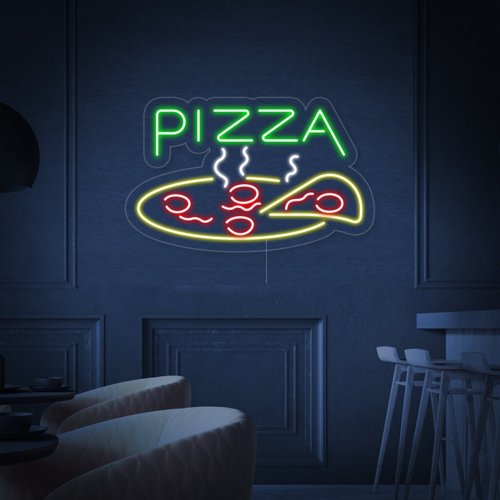 Close-up detail of the 'Pizza Restaurant Open' neon sign showing the vibrant glow of the letters and pizza slice design.