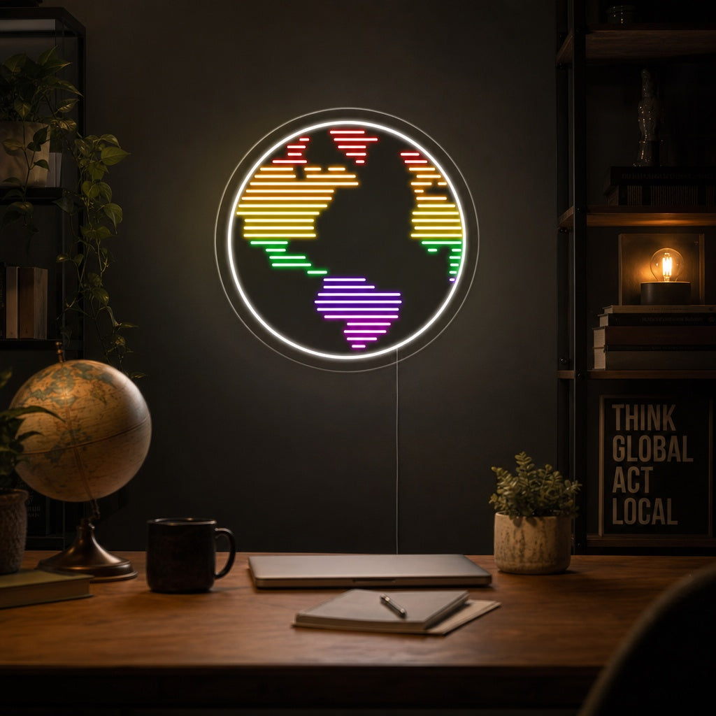 A illuminated 'Planet Earth' circular neon sign showing the planet from space with vibrant blue, green, and white glow, hanging on a rustic wooden wall above a cozy seating area in a modern apartment.
