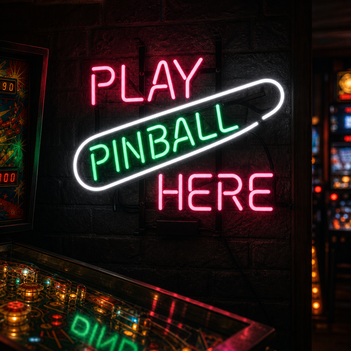 A glowing 'Play Pinball Here' neon sign featuring red and white lettering mounted on a dark wire grid frame, illuminating a wall in a game room.