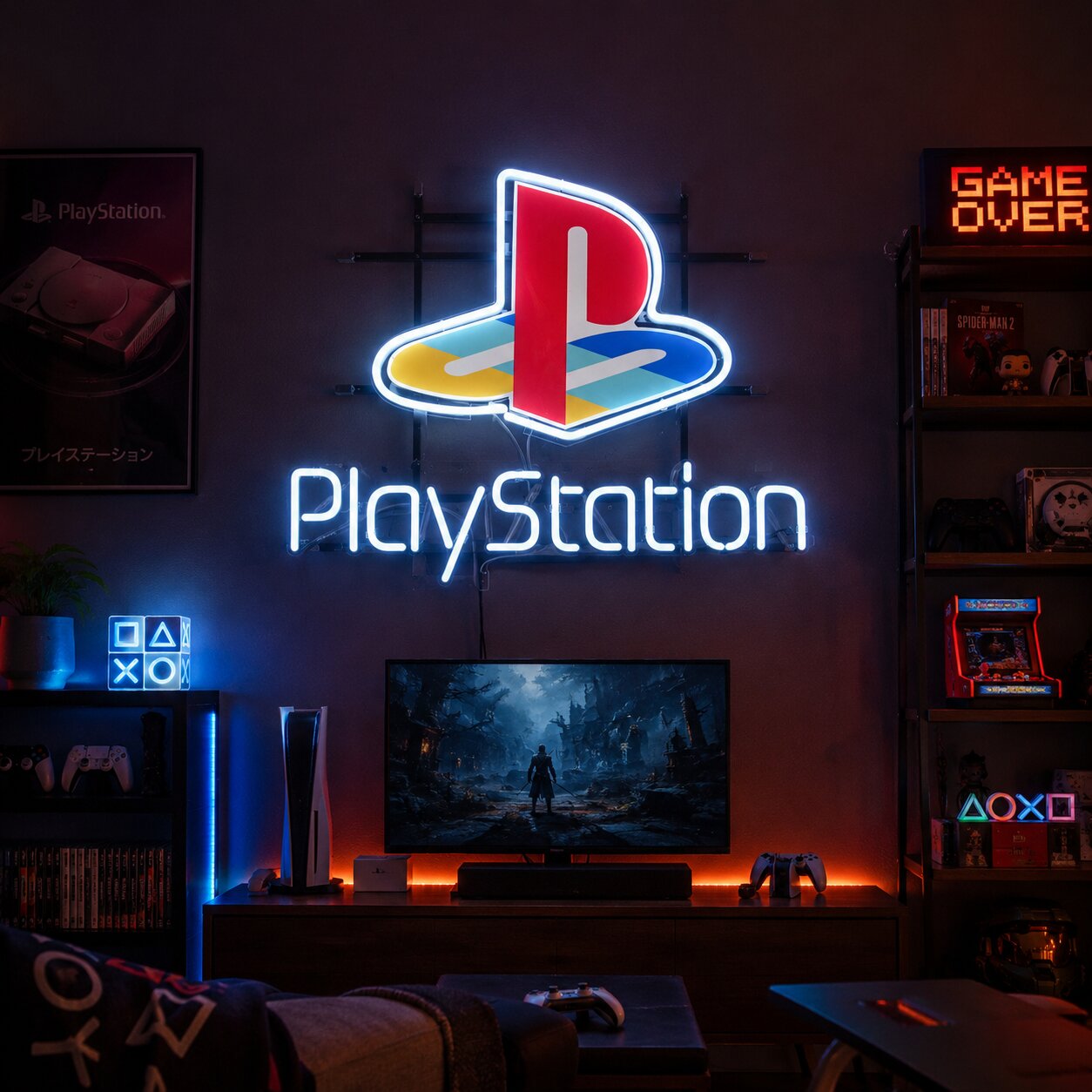 A vibrant 'Play Gaming Station' neon sign glowing in various colors (green triangle, red circle, blue X, pink square symbols, and white text) mounted on a wall. The image clearly shows the physical construction including the glass tubes, internal wiring, and the transformer/power unit.