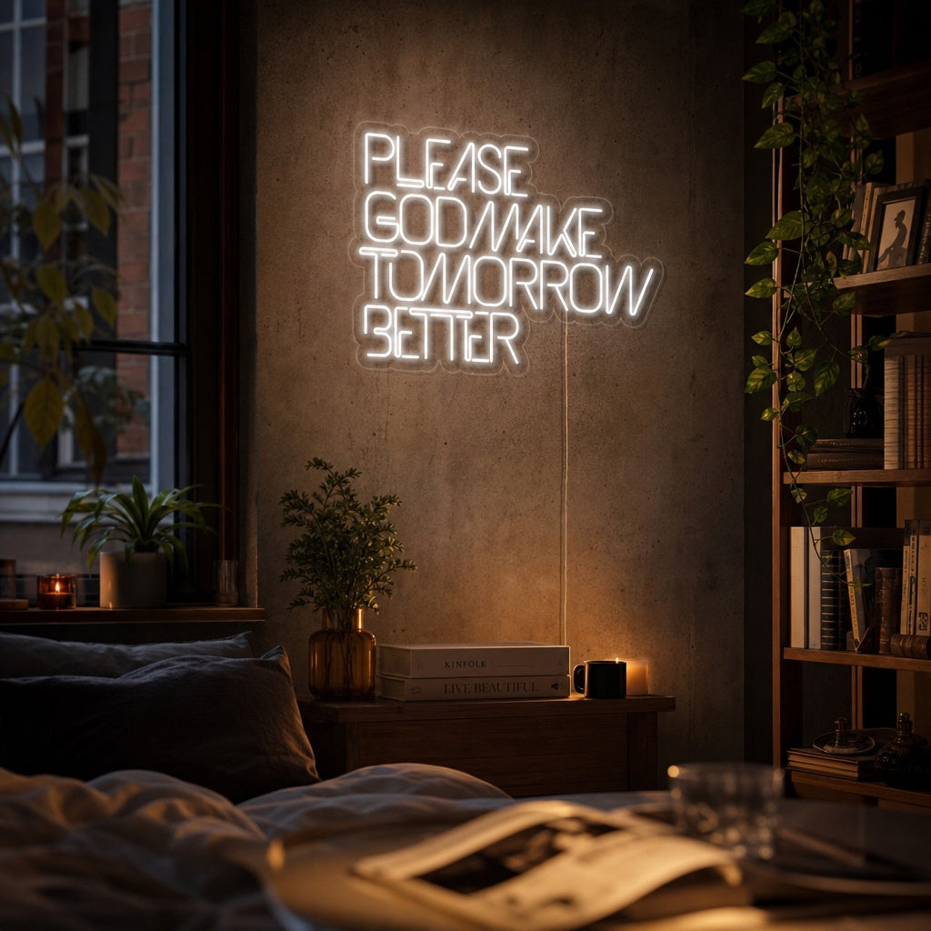 A candid photo of a woman in a casual gray sweatshirt looking thoughtfully up at a glowing, handwritten style blue 'Please God Make Tomorrow Better' neon sign hanging above a rustic wooden bed in a cozy bedroom with fairy lights.