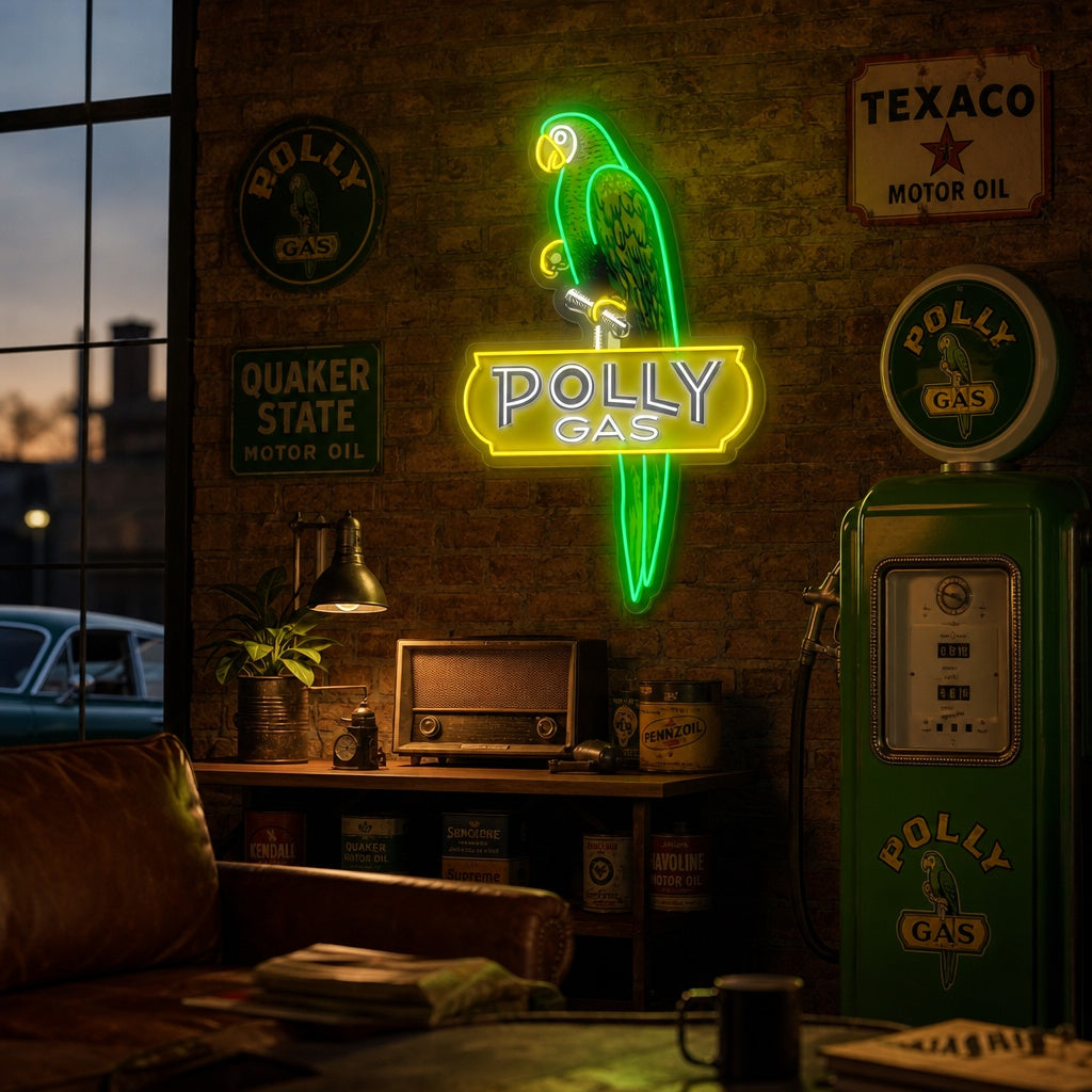 A photorealistic mockup of the lit Poll Gas Logo neon sign against a dark textured wall, featuring realistic-looking glowing white tubing.